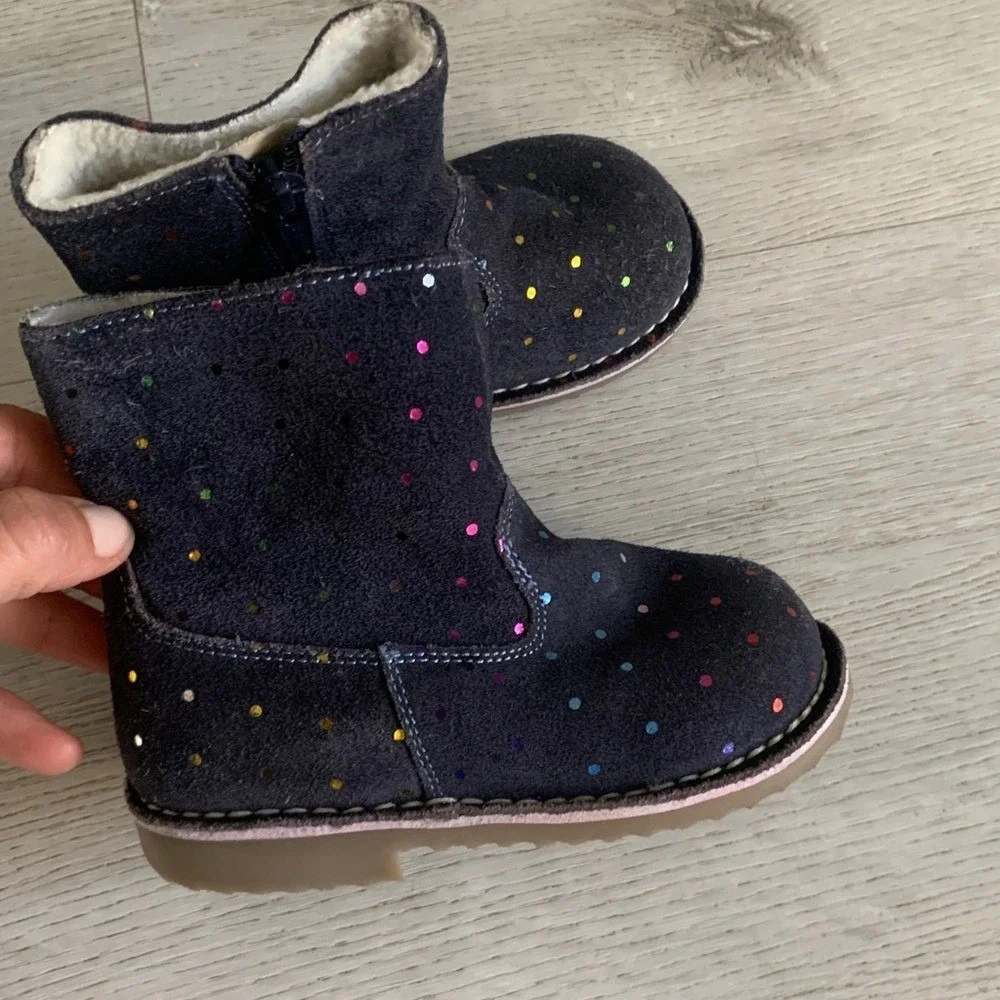 Mini Boden Kids' Navy and Gold Polka Dot Boots Sz 24 suede sparkly‎ girls winter